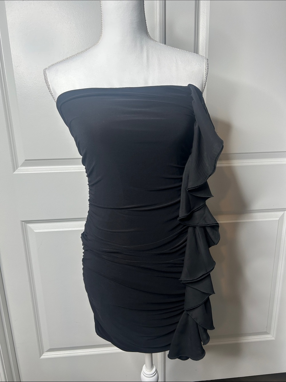 Jump Black Strapless Ruffle Mini Dress with Side Cascade